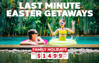 Last minute Easter getaways - family holidays from $1,499* per family of 4 | Two children playing in a pool