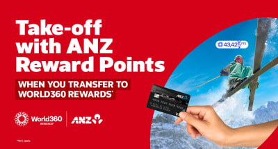 Skier jumping and a hand holding an ANZ bank card featuring take-off with ANZ reward points when you transfer to World360 rewards