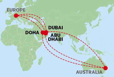 Map of air routes from Australia to Europe via Dubai, Abu Dhabi and Doha