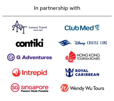 In partnership with | APT Luxury, Club Med, Contiki, Disney Cruise Line, G Adventures, Hong Kong Tourism Board, Intrepid, Royal Caribbean, Singapore, Wendy Wu Tours
