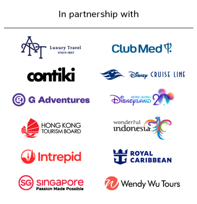 In partnership with | APT Luxury Travel, Club Med, Contiki, Disney Cruise Line, G Adventures, Disneyland Hong Kong, Hong Kong Tourism Board, Wonderful Indonesia, Intrepid, Royal Caribbean, Singapore, Wendy Wu Tours