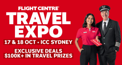 Flight Centre Captain and Co-Captain celebrating the Flight Centre Travel Expo on the 17 &18 October, featuring exclusive deals and $100k+ in travel prizes