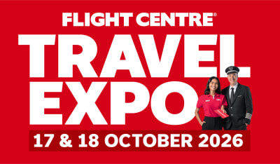 Flight Centre Captain & Co-Captain advertising the Flight Centre Travel Expo on the 17th & 18th October 2026