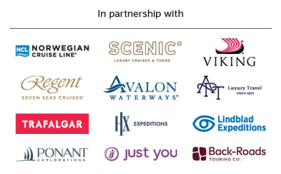 Partnership logos for NCL, Scenic, Viking, Regent Seven Seas, Avalon Waterways, APT, Trafalgar, HX Expeditions, Lindblad Expeditions, Ponant, Just You and Back-Roads Touring Co.