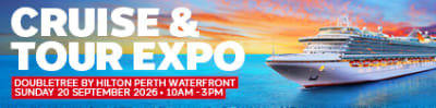 Cruise ship at sea at sunset featuring a cruise & tour expo on the 20th September