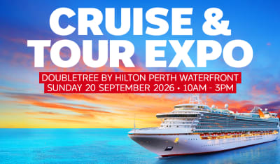 Cruise ship at sea at sunset featuring a cruise & tour expo on the 20th September