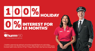 Flight Centre Captain and Co-Captain on a red background featuring 100% holiday with 0% interest for 18 months with Humm90