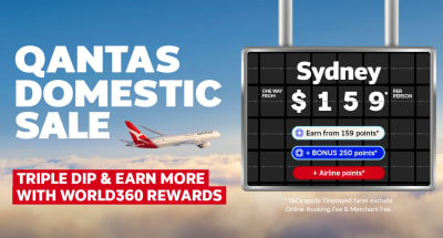 Qantas plane flying through clouds featuring a Qantas domestic sale including one way flights to Sydney from $159, earning more points with World360 rewards