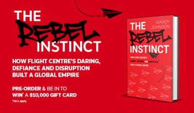 Red book titled The Rebel Instinct, with a chance to win a $10,000 Gift Card when you preorder