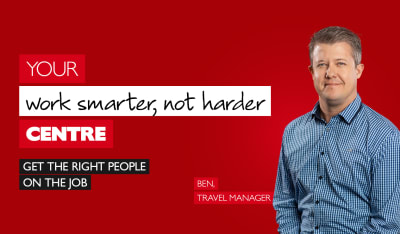 Your work smarter, not harder centre - get the right people on the job. Businessman in checked blue shirt on a red background