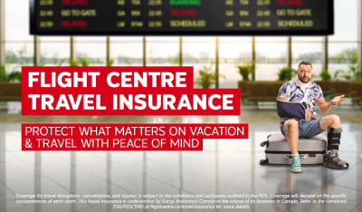 Flight Centre Travel Insurance | protect what matters on holiday & travel with peace of mind. Man with a broken neck, arm and leg sitting on a suitcase