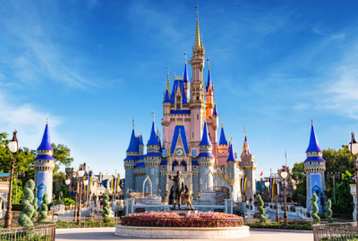Cinderella Castle rising beneath a bright blue sky with turrets and flags at Walt Disney World Magic Kingdom