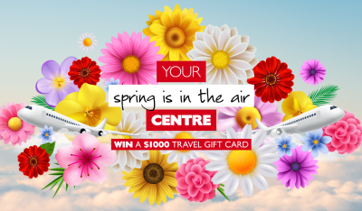 Your Spring is in the air centre | Win a $1,000* travel gift card. A cartoon image of planes and colourful flowers