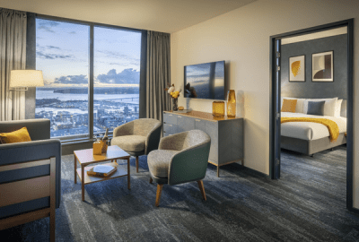 The voco Auckland Hotel with a view of Waitemata Harbour