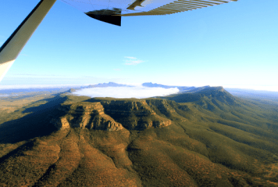Wilpena Pound, viewed from a light aircraft, is a magnificent natural amphitheatre and the centrepiece of the Flinders Ranges National Park