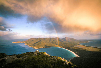 Storm cloud passing by Mt Amos. View towards Wineglass Bay. Freycinet Peninsula, Tasmania