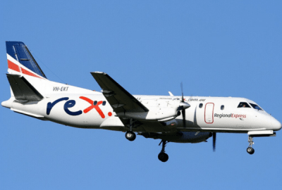 An airborne Rex Airlines Saab-340 aircraft