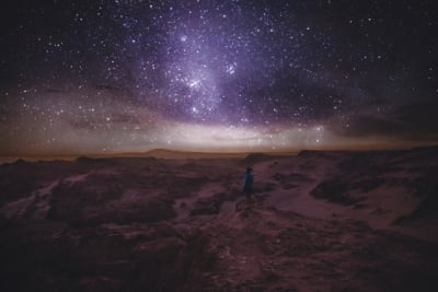 Woman stargazing under the night sky in Atacama Desert in Chile