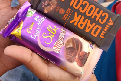 A Cadbury chocolate bar in its wrapper