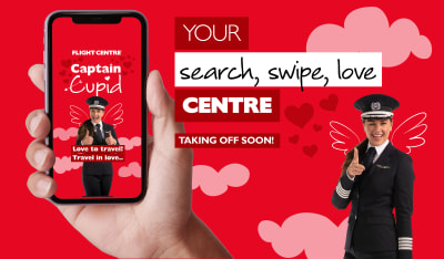 Your search, swipe, love centre - taking off soon! Hand holding a phone with a pilot posing suggestively in front of a red cupid background