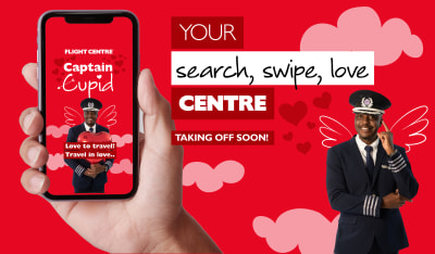 Your search, swipe, love centre - taking off soon! Hand holding a phone with a pilot posing suggestively in front of a red cupid background