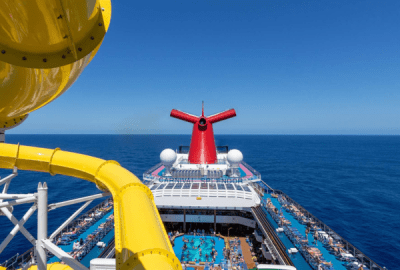 Looking over the pool deck and horizon onboard Carnival Splendor cruise ship
