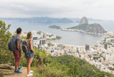 Elevated shot of couple looking at view of the landmark Sugar Loaf Mountain in Rio de Janeiro