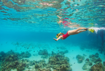 Young woman in snorkelling mask dive underwater with tropical fishes