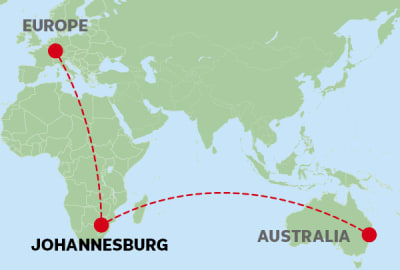 A world map depicting a flight route from Europe to Australia with a stopover in Johannesburg, South Africa. A red dashed line connects three large red dots located in Western Europe, the southern tip of Africa, and the eastern coast of Australia. The map uses green for landmasses and light blue for the ocean, with clear black and grey labels for each region.