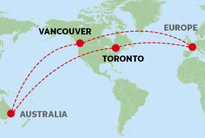 A world map showing two flight routes from Europe to Australia with stopovers in Canada. Red dashed lines connect a point in Western Europe to the eastern coast of Australia, with red dots marking intermediate stops in Toronto and Vancouver. The map features green landmasses, a light blue ocean, and bold text labels for each location.