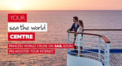 Your sea the world centre - Princess world cruise on sail soon. Pre-register your interest. Couple on the side of a cruise ship at sunset