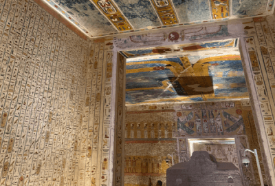 Wall-to-wall colourful hieroglyphs surround Rameses tomb