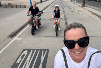 A family cycling in Santa Monica USA