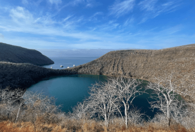 The view over a lake on the Galapagos Islands.