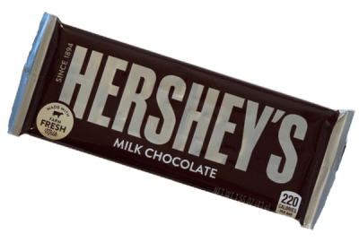 A Hershey's chocolate bar in its wrapper