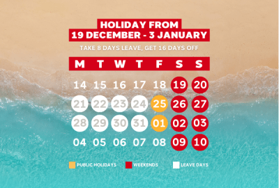 Holiday from:  Saturday 19 December – Sunday 3 January  Book these dates:  Monday 21 December  Tuesday 22 December  Wednesday 23 December  Thursday 24 December (you won't need to book this day if you're in the NT, QLD or SA)  Monday 28 December  Tuesday 29 December  Wednesday 30 December  Thursday 31 December (you won't need to book this day if you're in SA or the NT) 