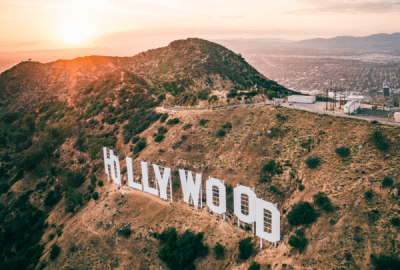 Drone's view of the Hollywood sign at sunset