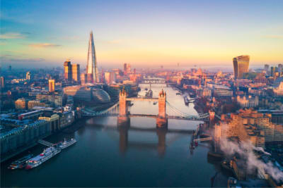 Aerial view of London and Tower Bridge
