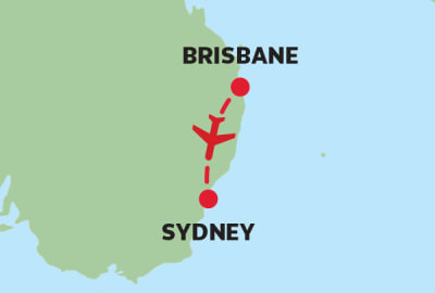 Map of eastern Australia showing a flight path from Sydney to Brisbane. A red dotted line with an airplane icon illustrates the one-way route heading north from Sydney to Brisbane. Both cities are marked with bold text and red location dots.