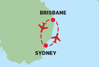 Map of eastern Australia showing a return flight path between Sydney and Brisbane. Two red dotted lines with airplane icons illustrate the round-trip route, one heading north from Sydney to Brisbane and the other returning south. Both cities are marked with bold text and red location dots.