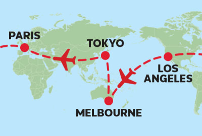 World map showing a multi-city flight itinerary with red dashed lines and airplane icons connecting four destinations: Paris, Tokyo, Melbourne, and Los Angeles. Red dots mark each city location. The flight path shows connections from Paris to Tokyo, Tokyo to Melbourne, Melbourne to Los Angeles, and Los Angeles back to Paris, forming a round-the-world route across Europe, Asia, Australia, and North America.