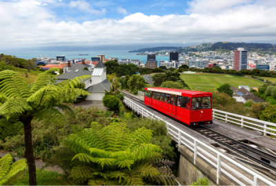 A view of Wellington's iconic Cable Car and harbour