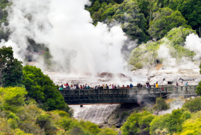 Steam, rocks, trees and tourists wandering over a footbridge in the thermal wonderland of Rotorua