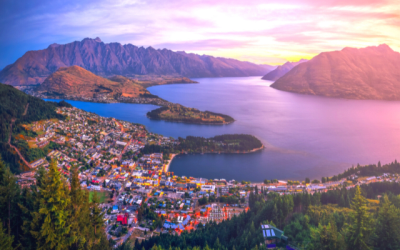 Aerial view over Queenstown at sunset