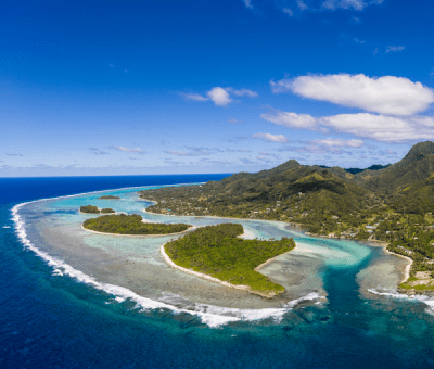 An aerial view of the Muri beach area and islets surrounded by a lagoon