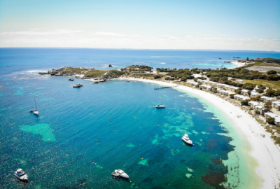 A drone's view of the beach and turquoise waters of Rottnest Island