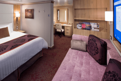Interior view of an inside stateroom on a cruise ship