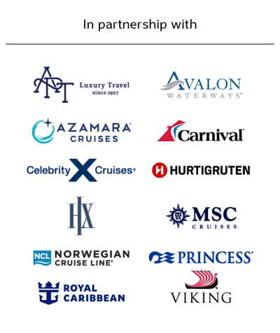 In partnership with | APT Luxury Travel, Avalon Waterways, Azamara Cruises, Carnival, Celebrity Cruises, Hurtigruten, HX, MSC Cruises, Norwegian Cruise Line, Princess, Royal Caribbean, Viking