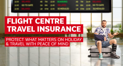 Flight Centre Travel Insurance | protect what matters on holiday & travel with peace of mind. Man with a broken neck, arm and leg sitting on a suitcase