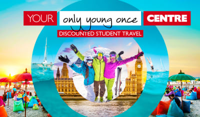 Your only young once centre - discounted student travel. Circular imagery of students in fun travel destinations